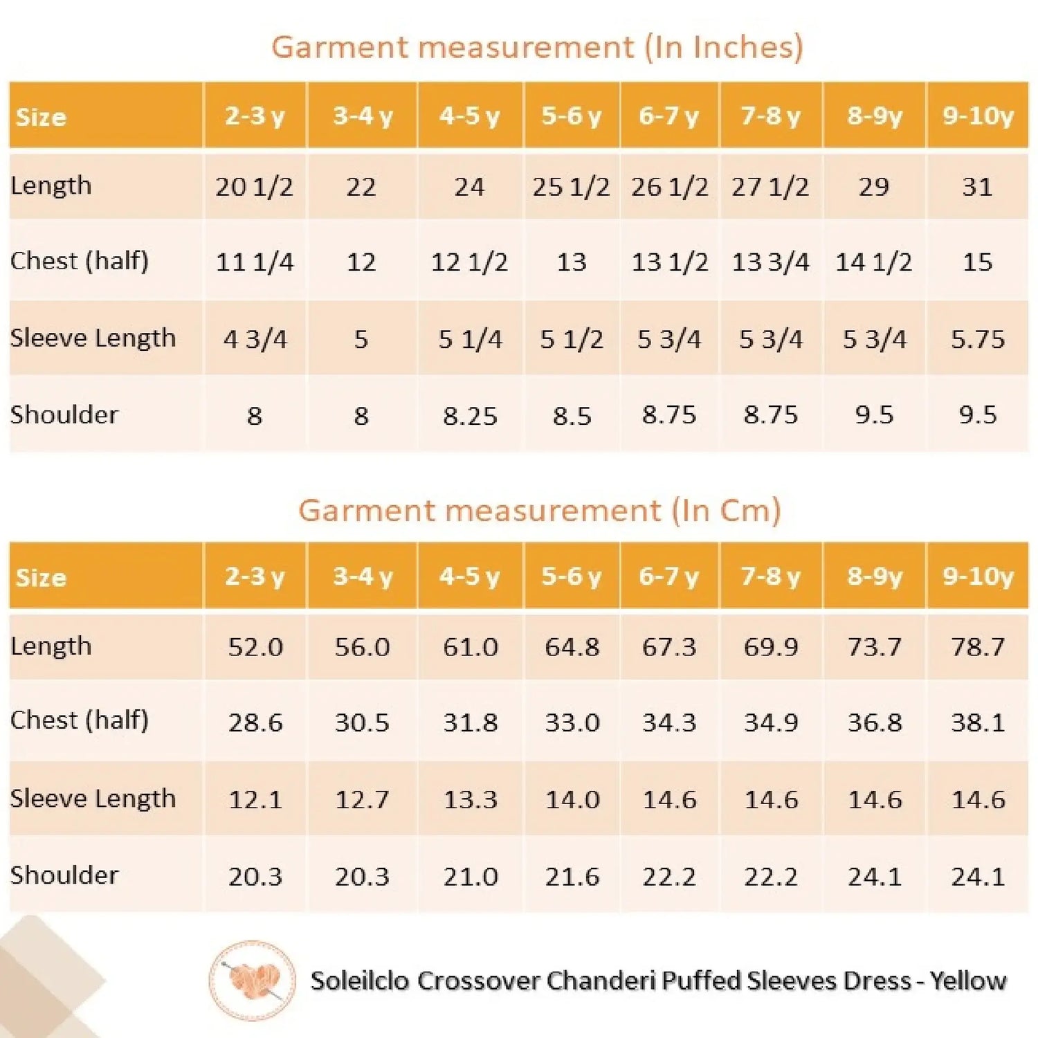 "Size chart for the yellow crossover chanderi puffed sleeves dress."