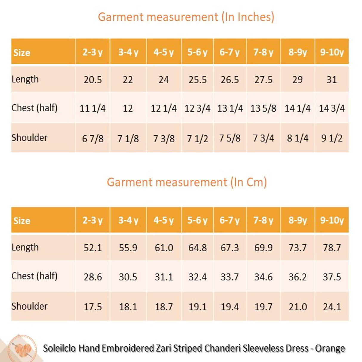 Size chart for the hand embroidered zari striped chanderi sleeveless dress.