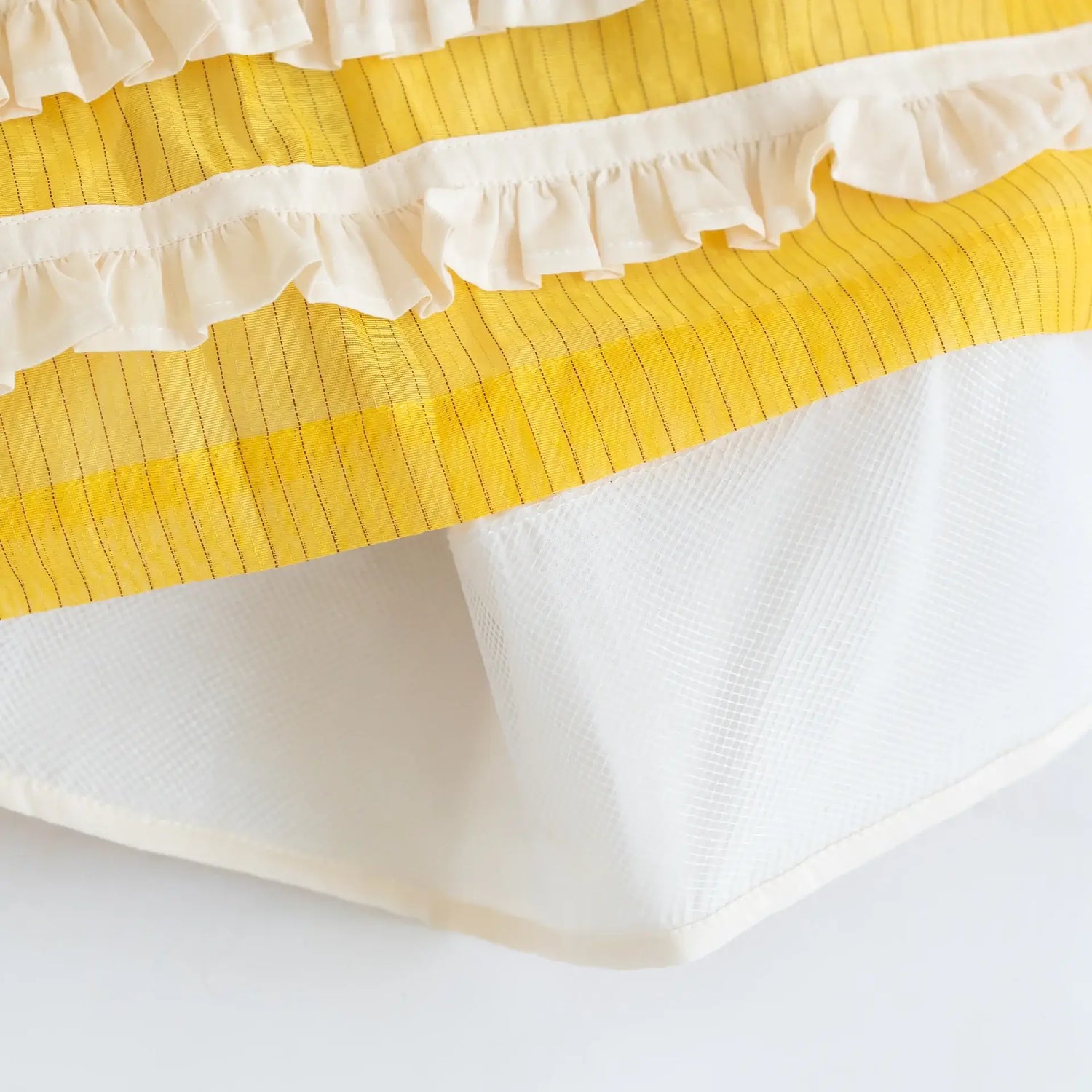 "Close-up of the can-can and ivory ruffle details on the yellow hand embroidered zari striped chanderi sleeveless dress."