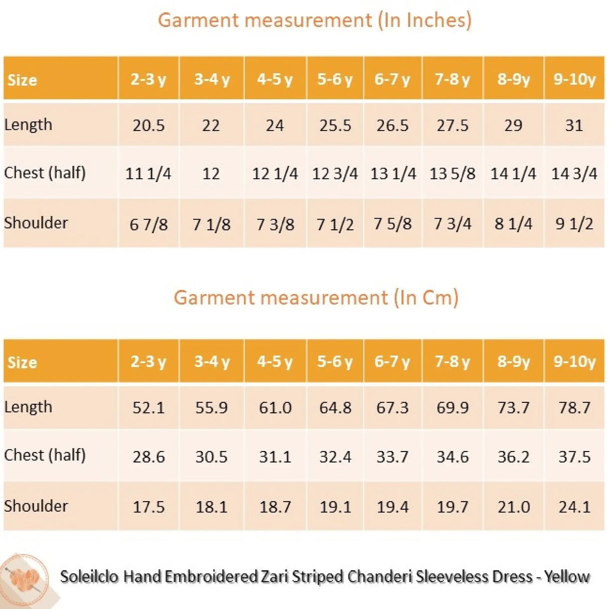 "Size chart for the yellow hand embroidered zari striped chanderi sleeveless dress."