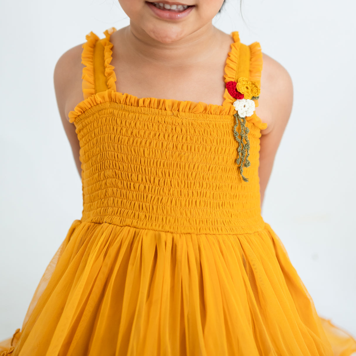 Mustard Midi Ruffle Tulle Strappy Girls Dress