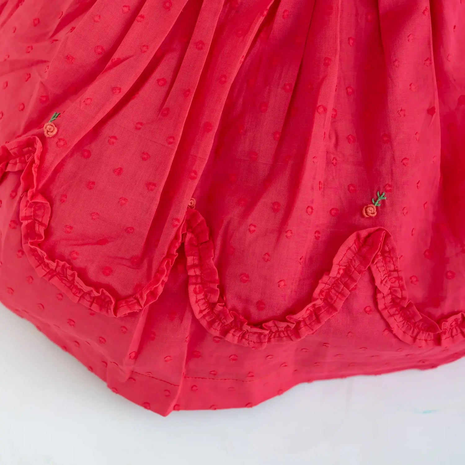 "Close-up of the scallop ruffles on the coral swissdot hand smocked and embroidered cotton puffed sleeves dress."