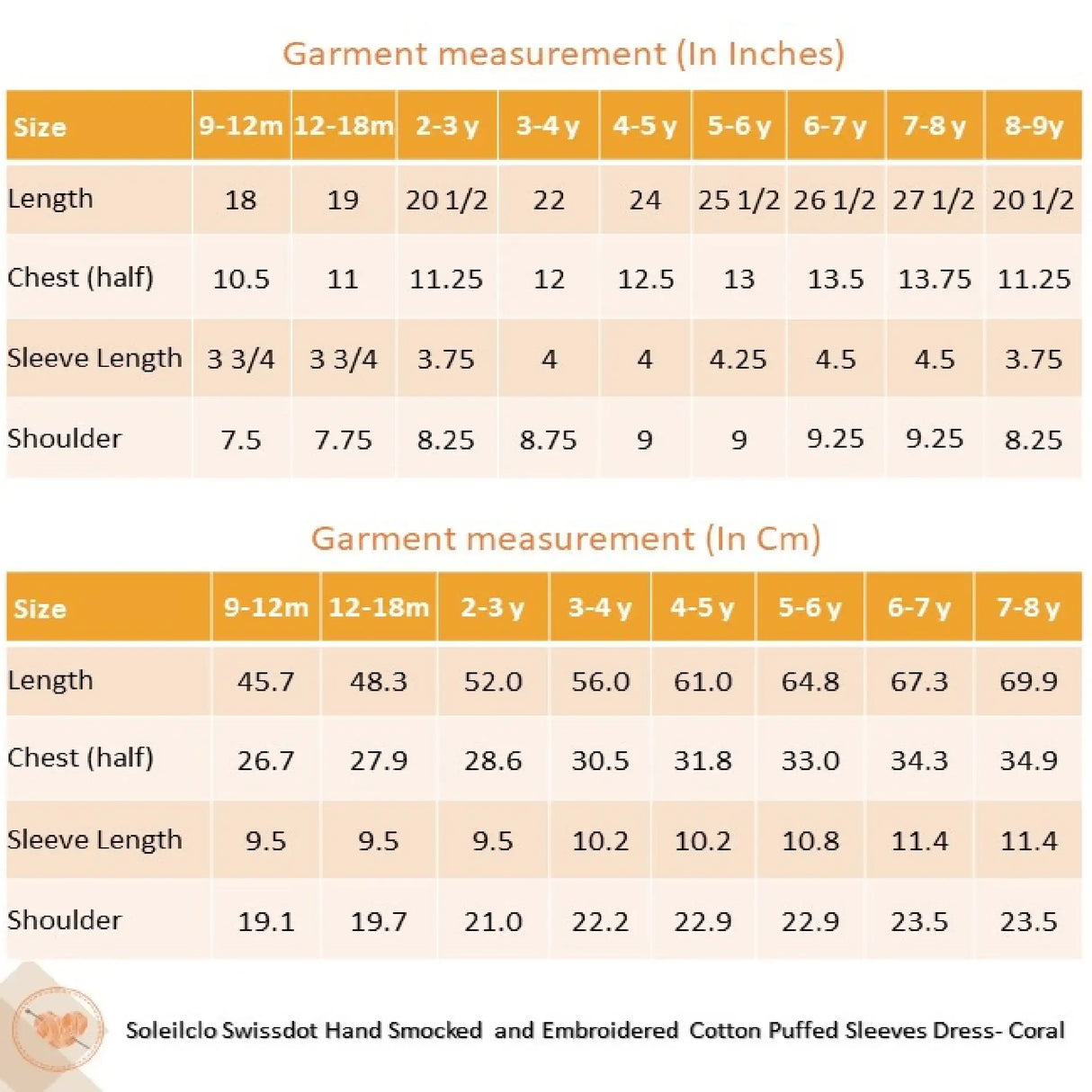 "Size chart for the coral swissdot hand smocked and embroidered cotton puffed sleeves dress."