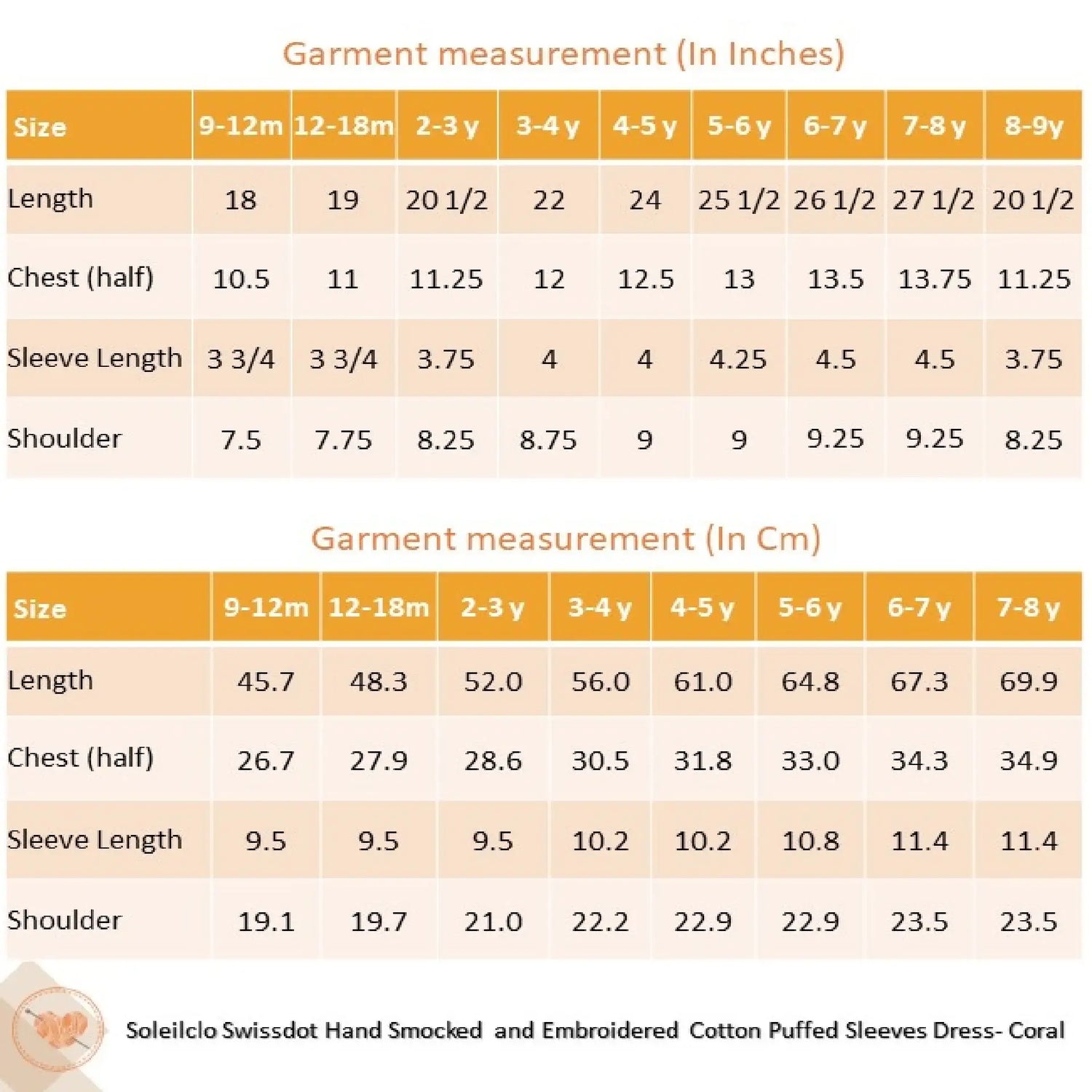 "Size chart for the coral swissdot hand smocked and embroidered cotton puffed sleeves dress."