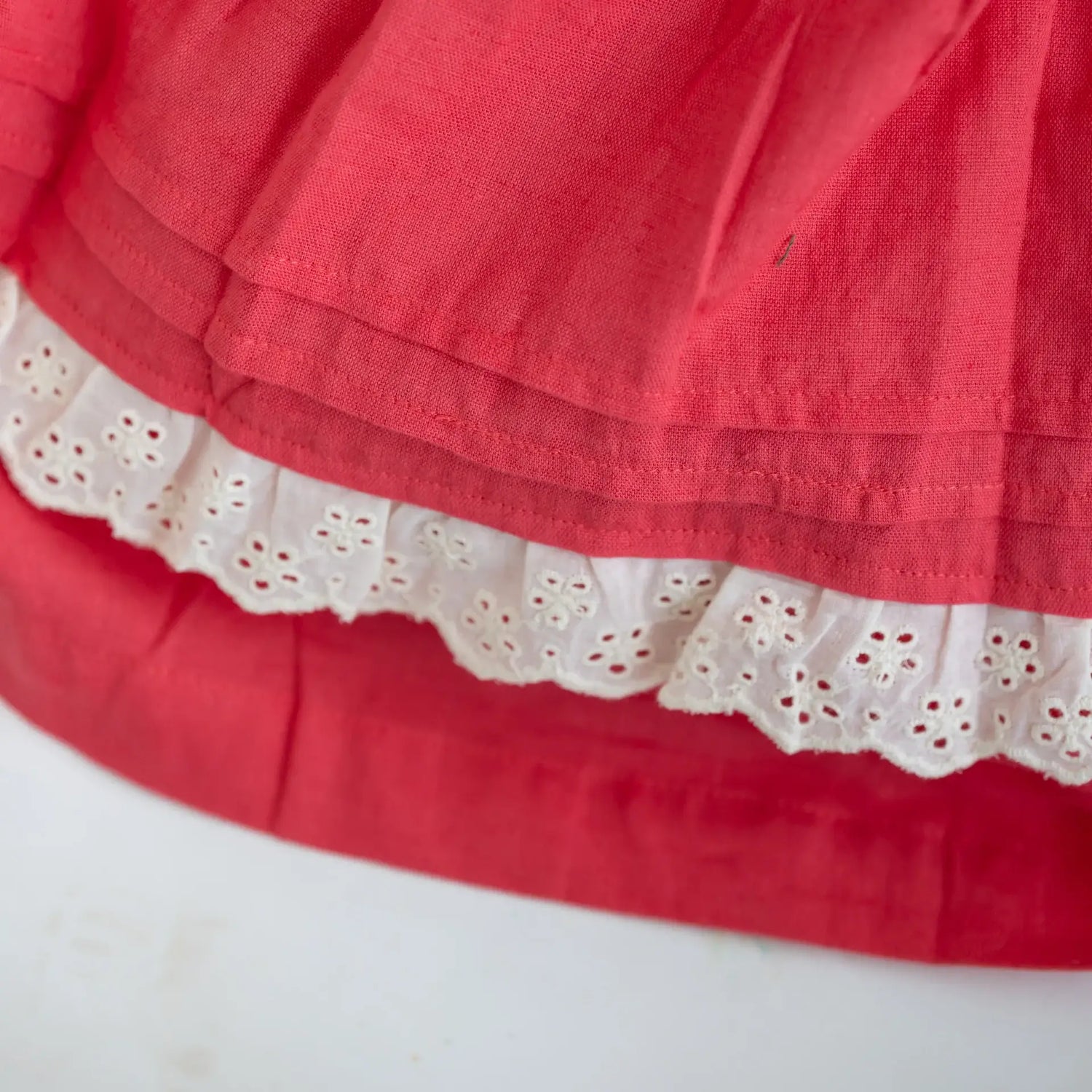 "Close-up of the pleated and lace details in the coral pleated yoke embroidered cotton dress."