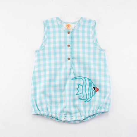 Front view of the aqua checks onesie