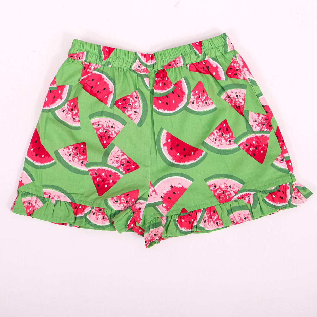 back view of green watermelon printed girls skort