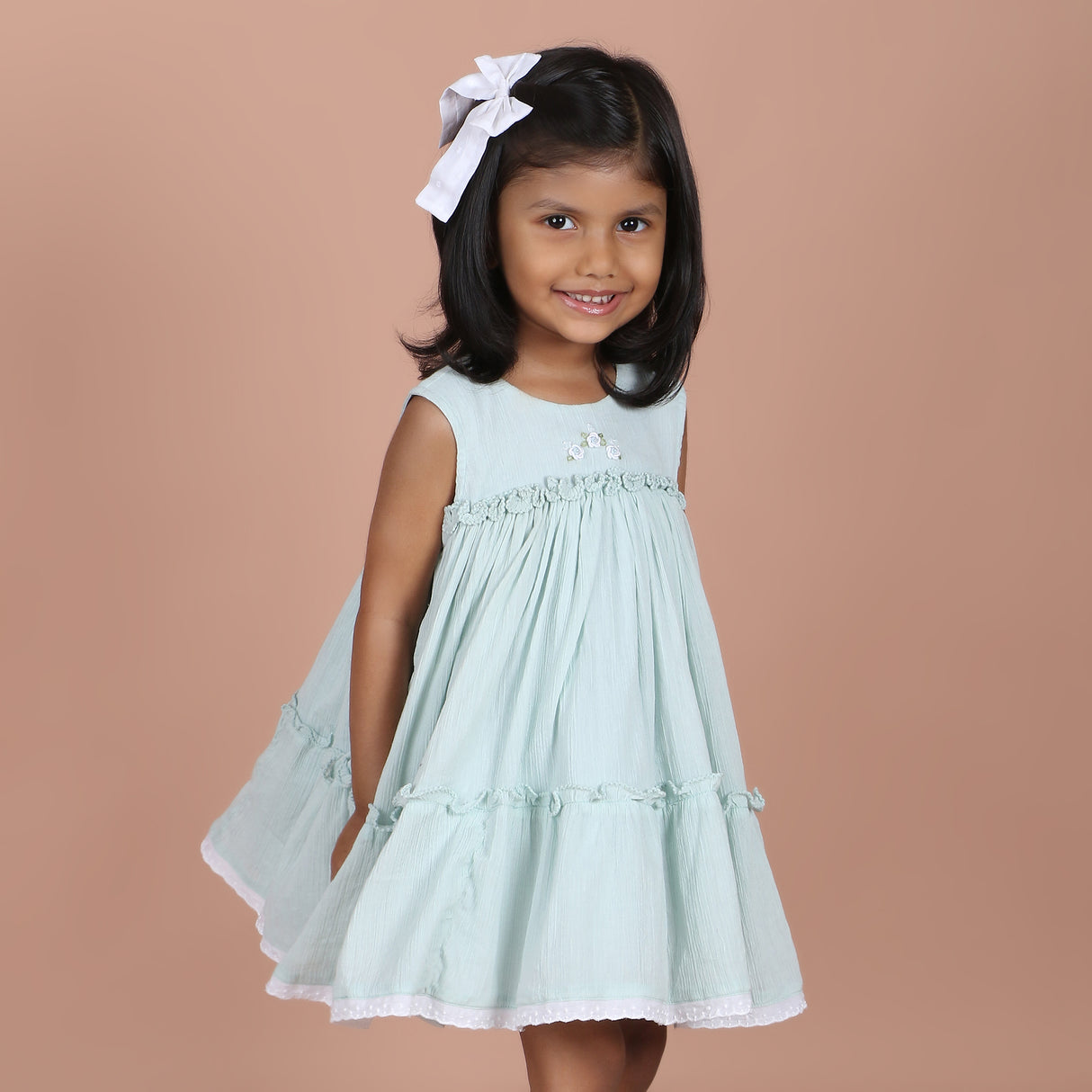 front view showing picot ruffle and lace trim hem