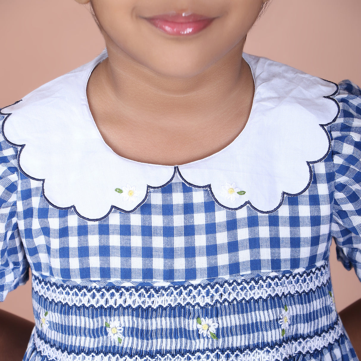 Royal Blue Daisy Embroidered Smocked Gingham Dress
