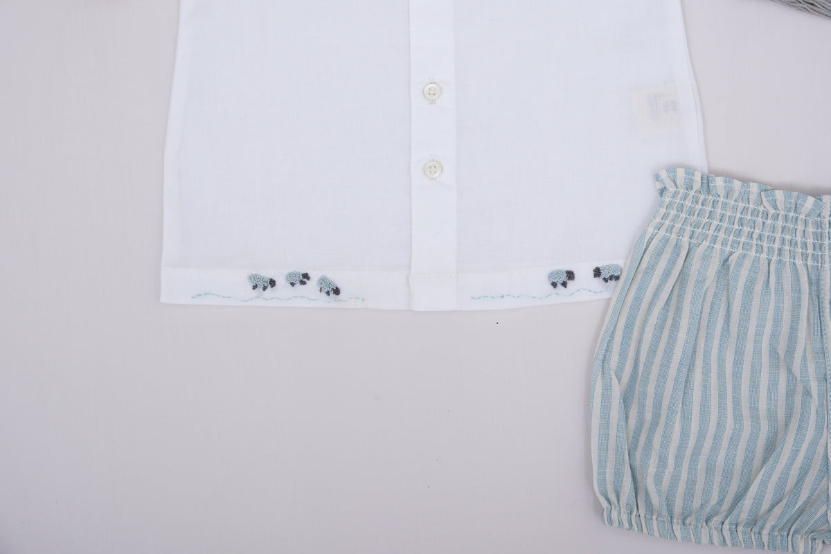 Little Sheep Embroidered Collar Top with Striped Bloomer Baby Set