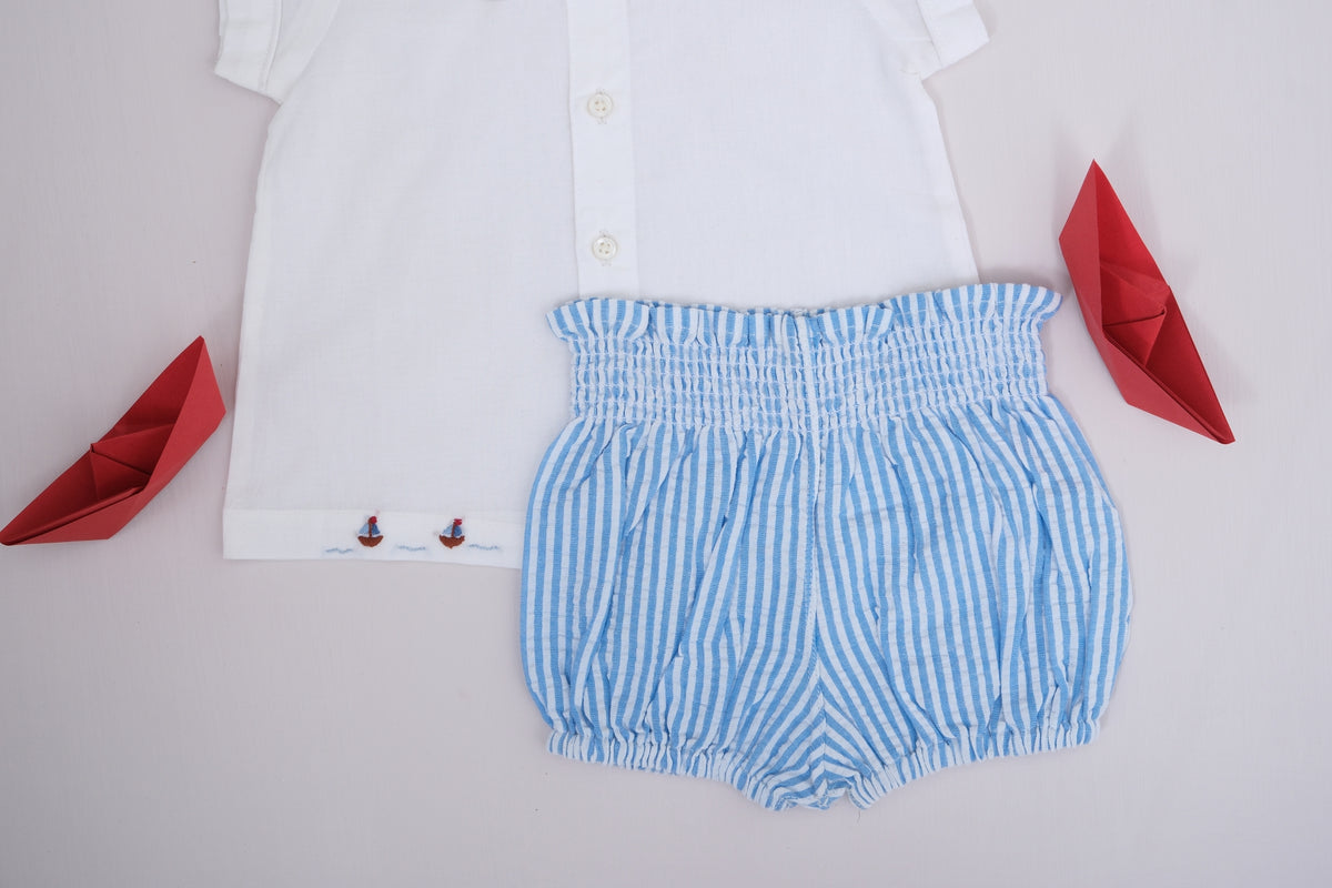 Sail Boat Embroidered Collar Top with Striped Bloomer Baby Set