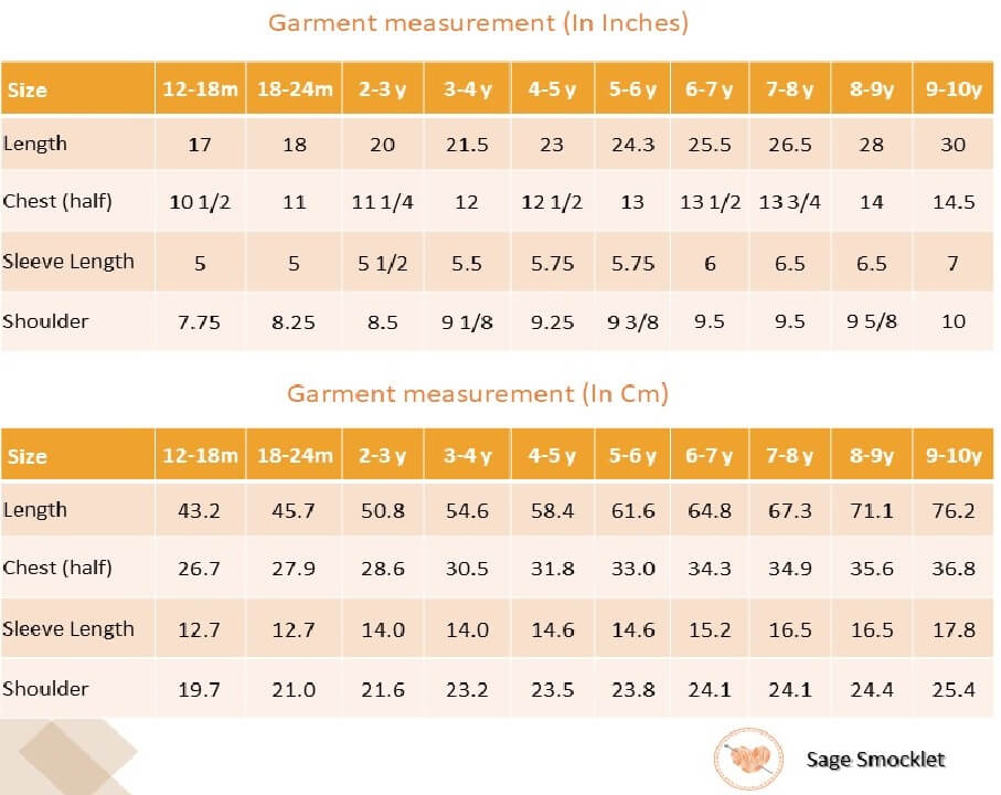 Size chart of green floral printed smock dress