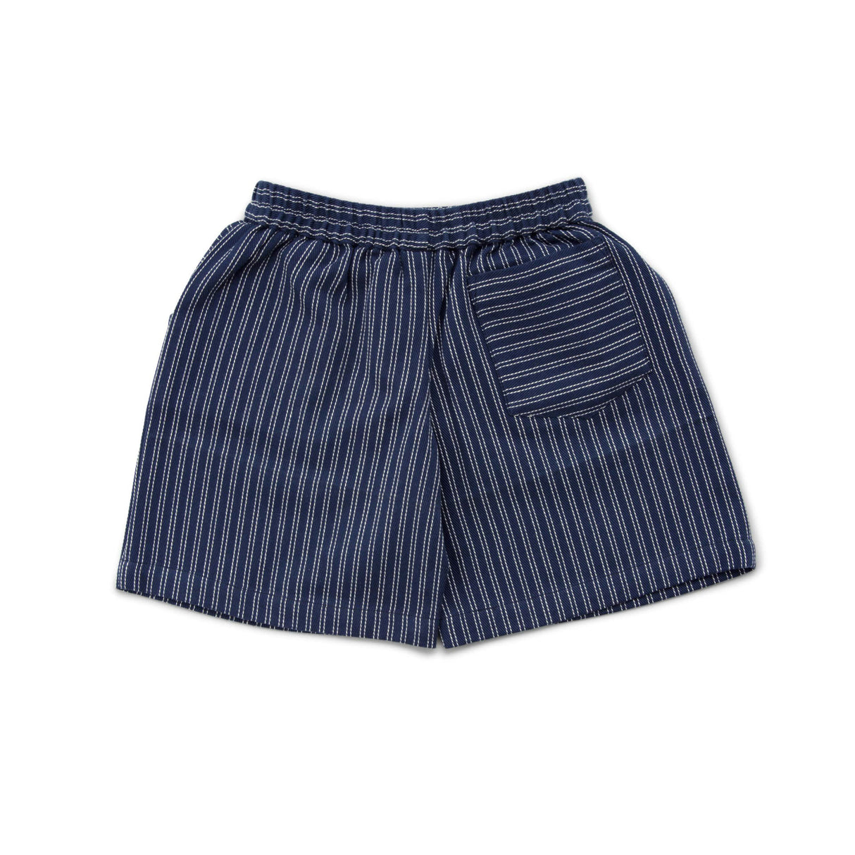 Flatlay image of navy shorts with ivory stripes