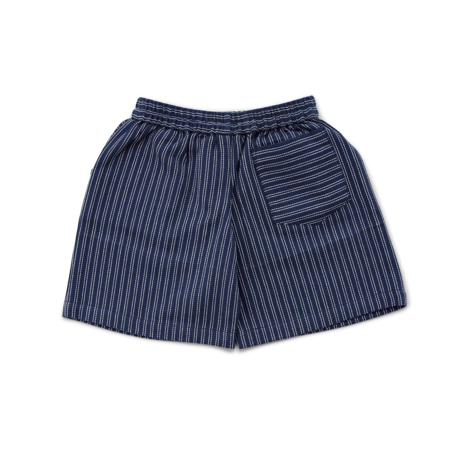 Flatlay image of navy shorts with ivory stripes