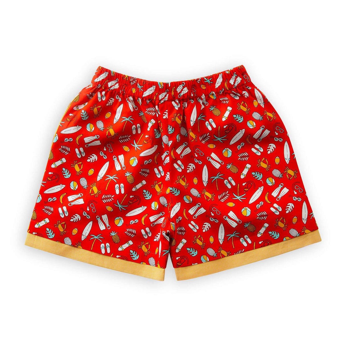 Red printed shorts with contrast bands for bottom hem and elasticated waist