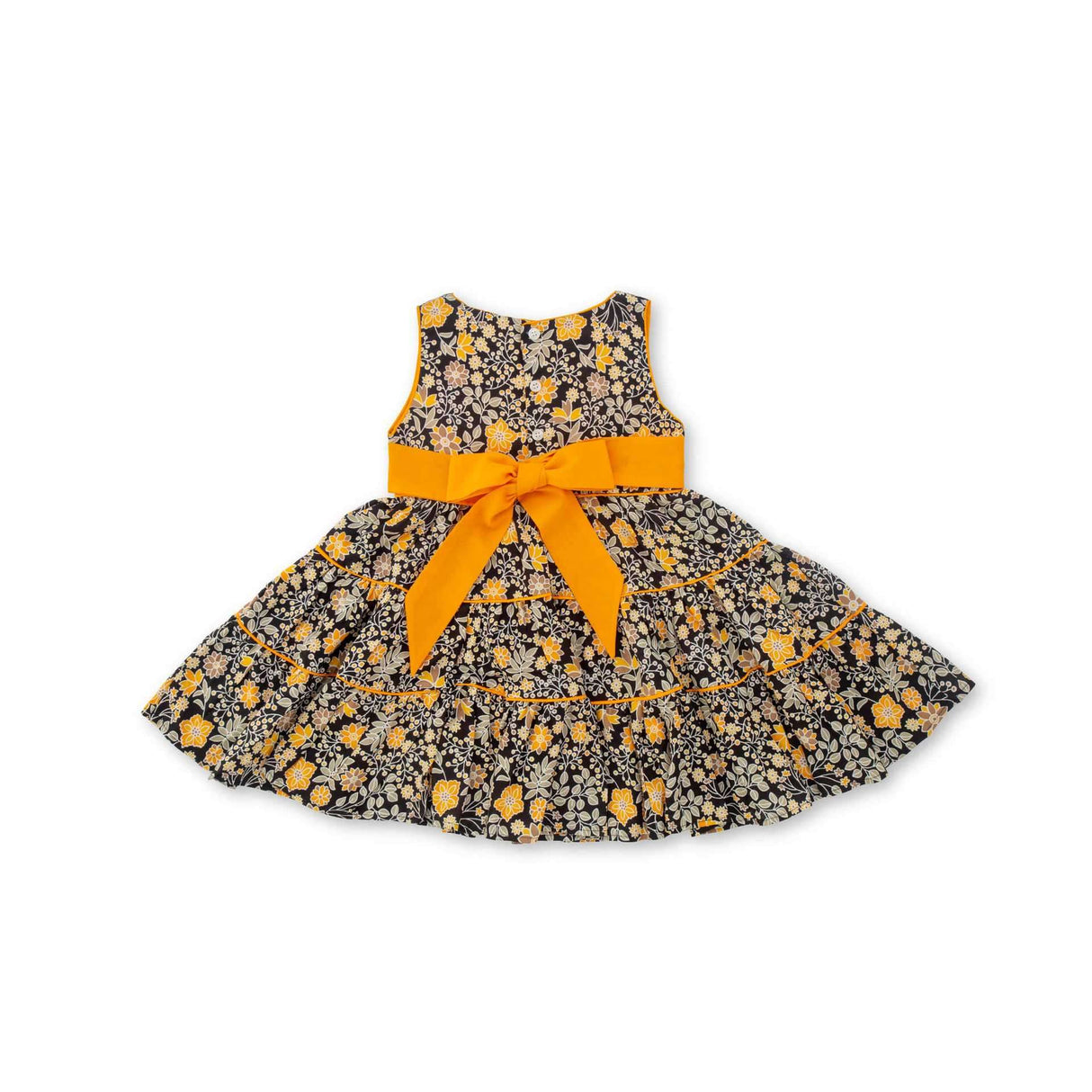 Black and yellow print girls tiered skirt dress with yellow tie back