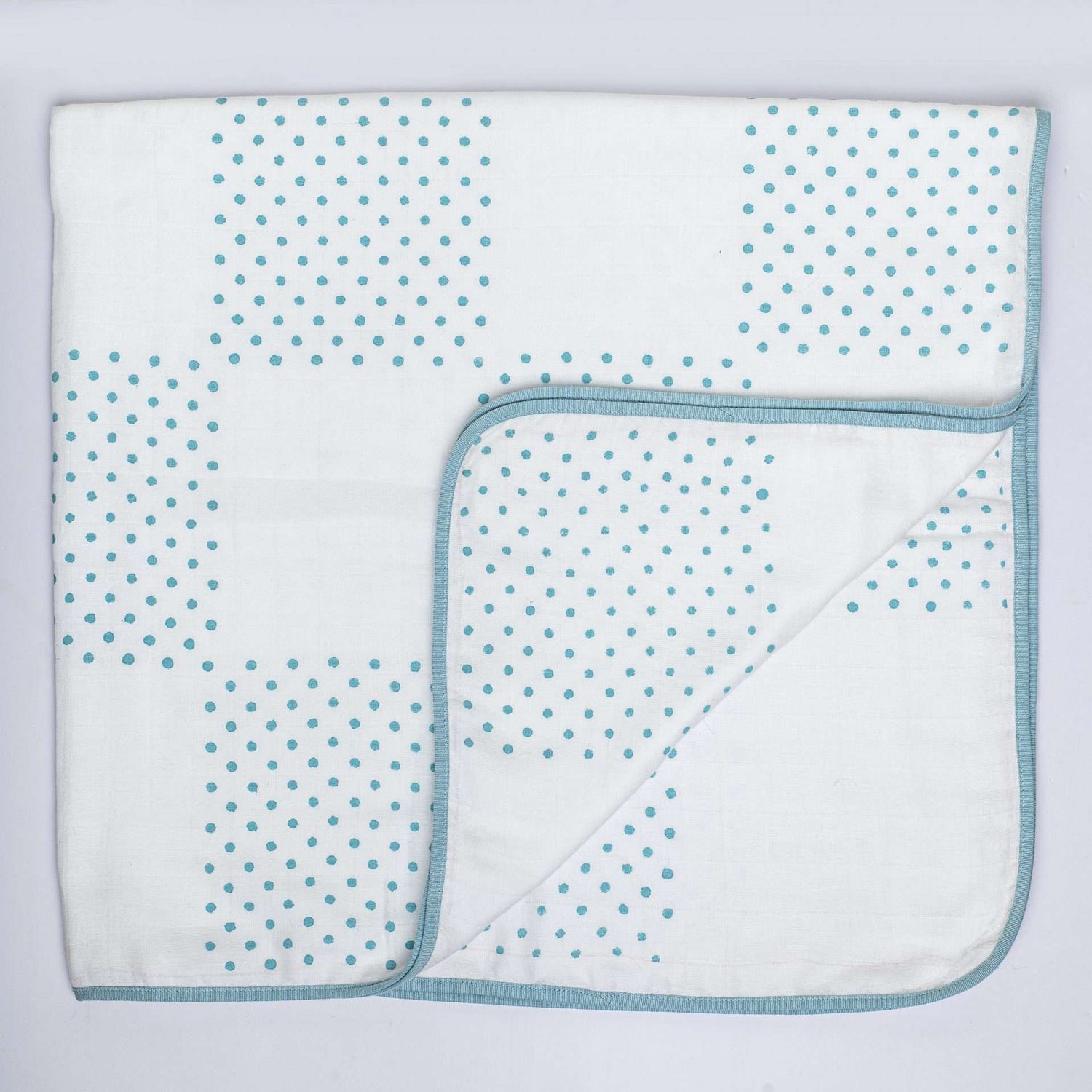 Blue dot muslin baby blanket with aqua dot print