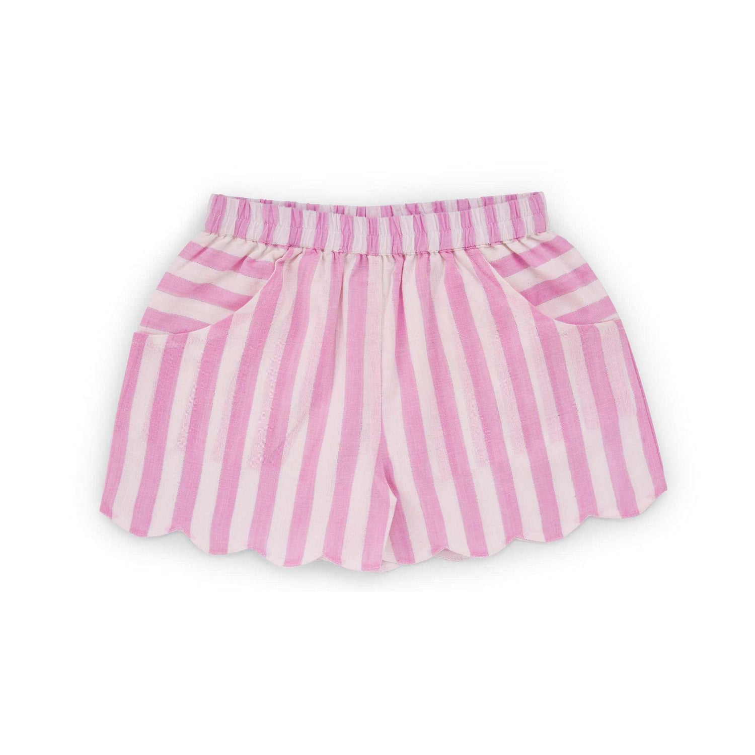 Flatlay of pink striped cotton shorts with scallop edges, side pockets and elasticated waist
