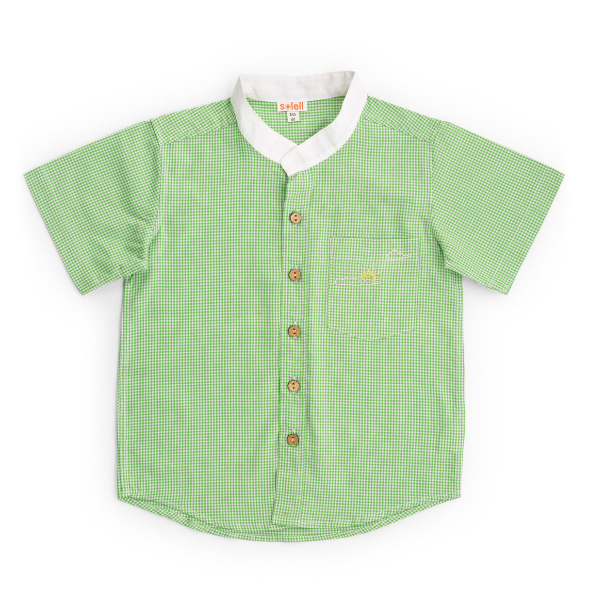 Mandarin collar boys shirt in green gingham with hand embroidered pocket