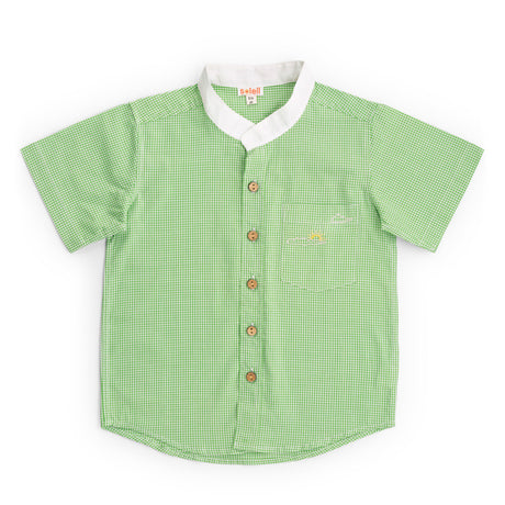 Mandarin collar boys shirt in green gingham with hand embroidered pocket