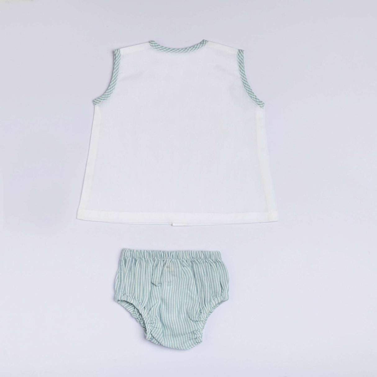 Rear image of white jabla and green striped bloomers