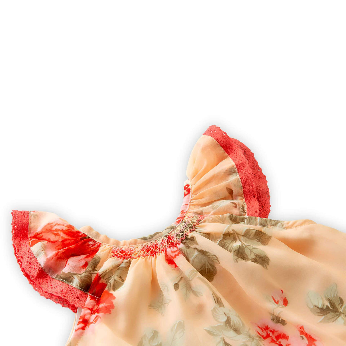 Smocked neckline of a peach and coral rose print girls dress with flutter sleeves