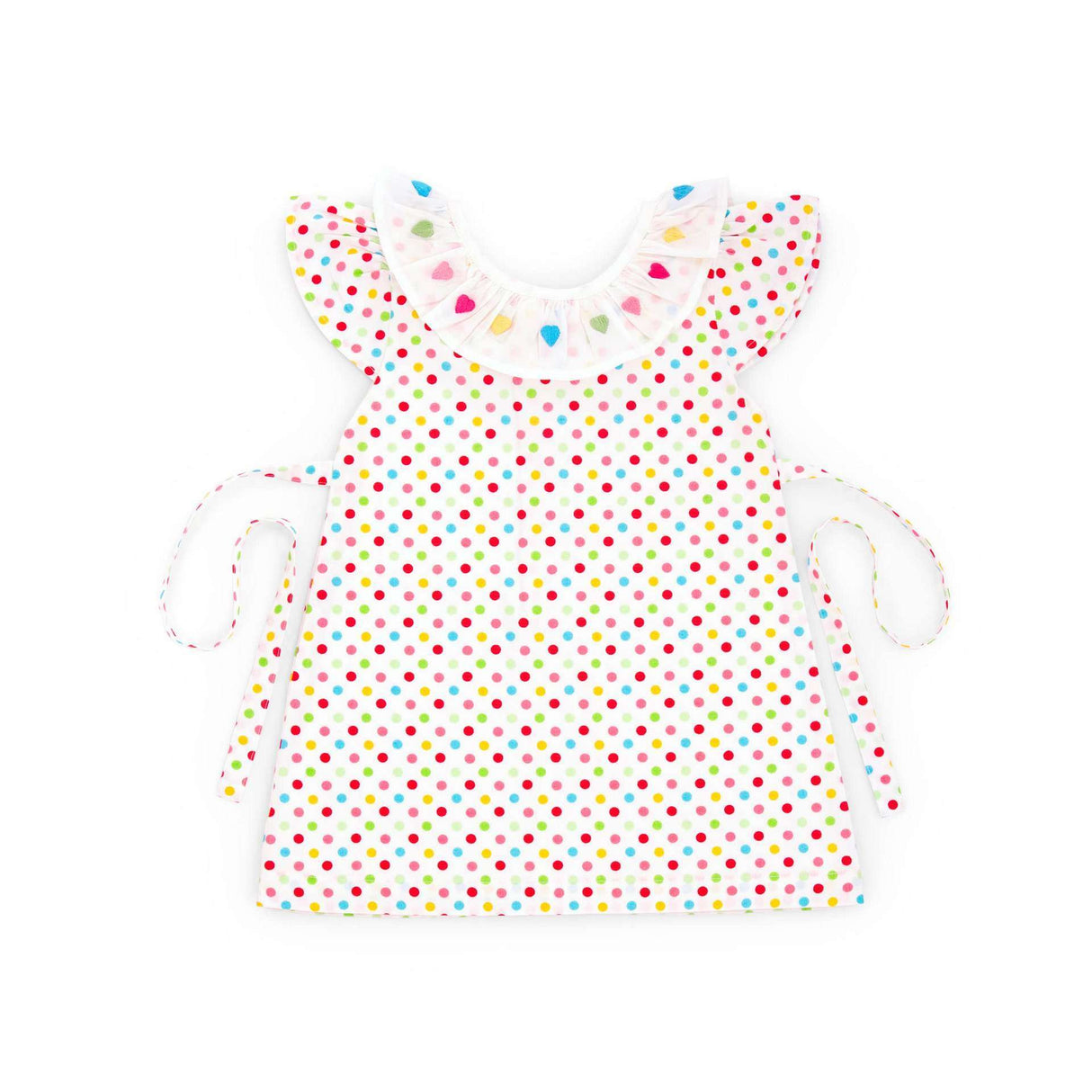 Flatlay of A-line dress in multi colour dot print fabric with white neckline ruffle and colourful heart embroidery on it