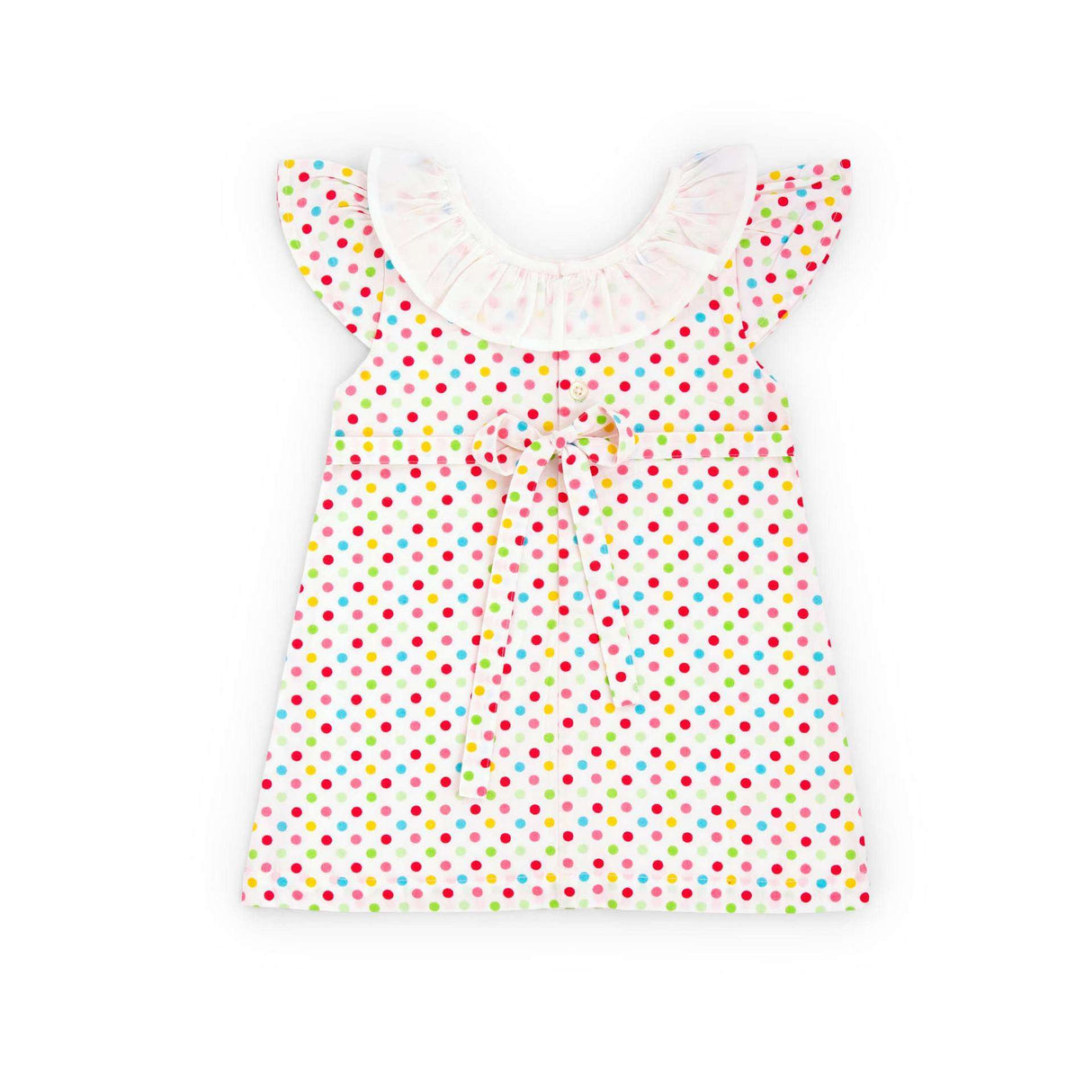 Flatlay of rear side of A-line dress in multi colour dot print fabric with white neckline ruffle and tie-up sash