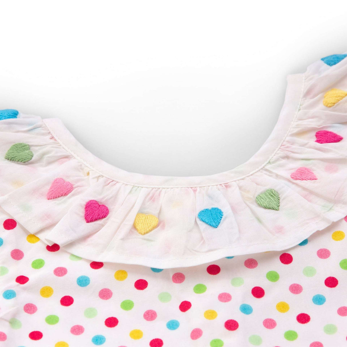 Flatlay of A-line dress in multi colour dot print fabric with white neckline ruffle and colourful heart embroidery on it