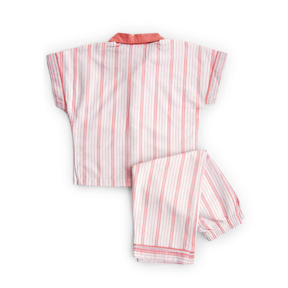 Flatlay of rear side of peach striped pyjama set with a hand-embroidered open collar shirt and straight fit pants