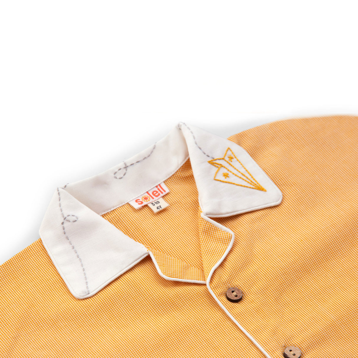 Close-up image of the hand embroidered open collar shirt in the Dream Ride pyjama set