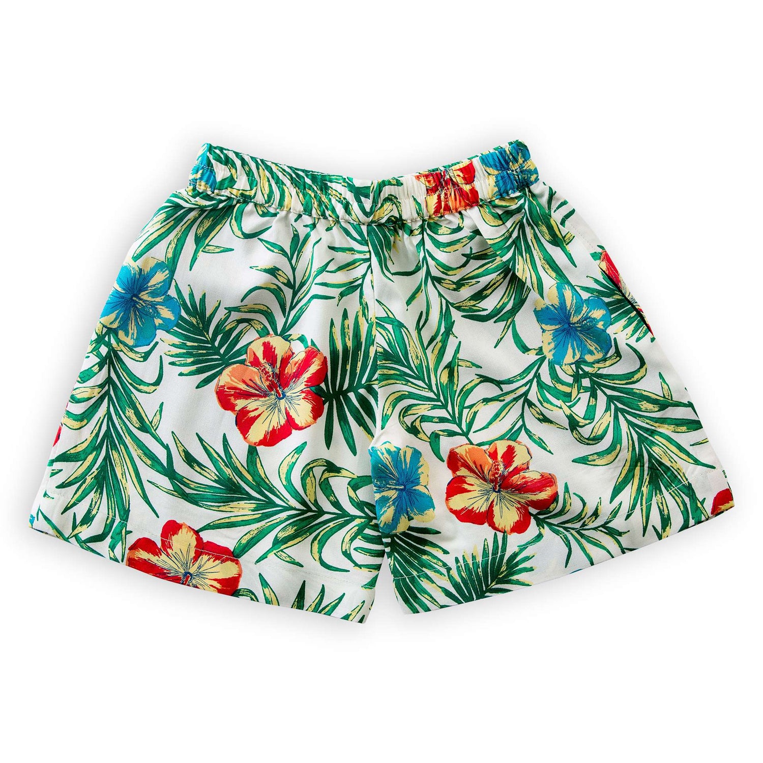 Rear side of jungle print boys bermudas with green waist tie