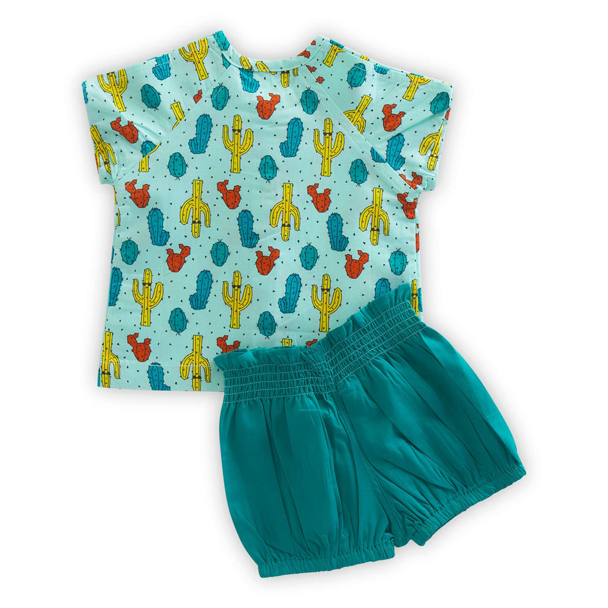 Cactus print aqua infant boy shirt with dark green bloomers