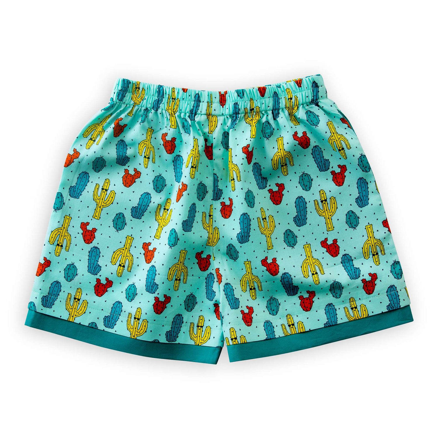 A pair of teal cactus printed shorts