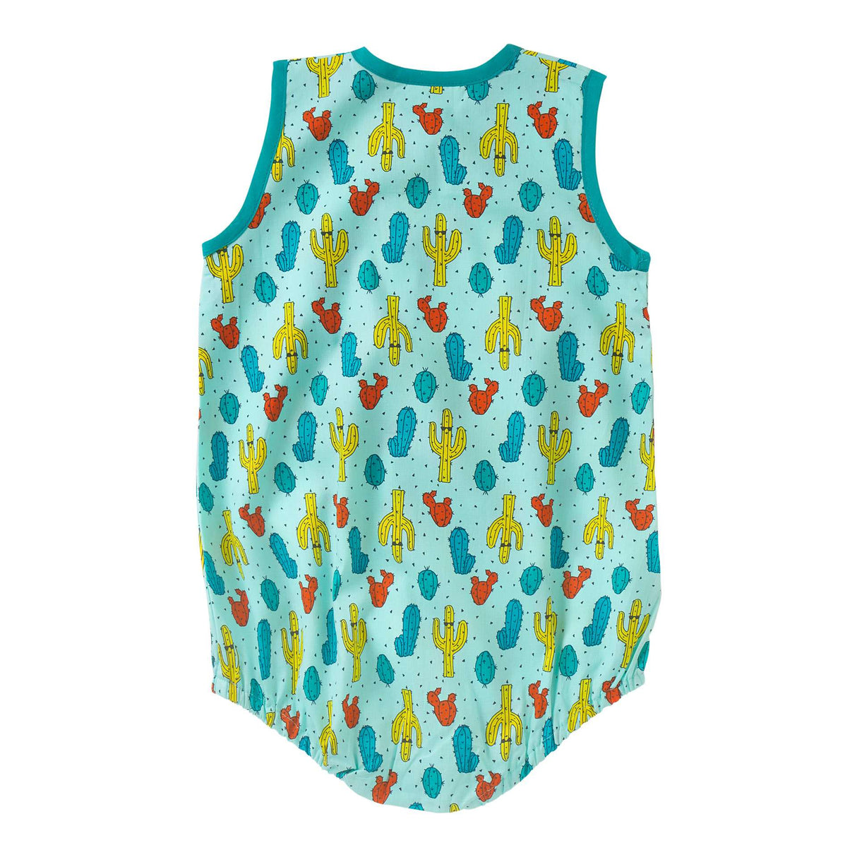 Rear image of cactus printed teal onesie