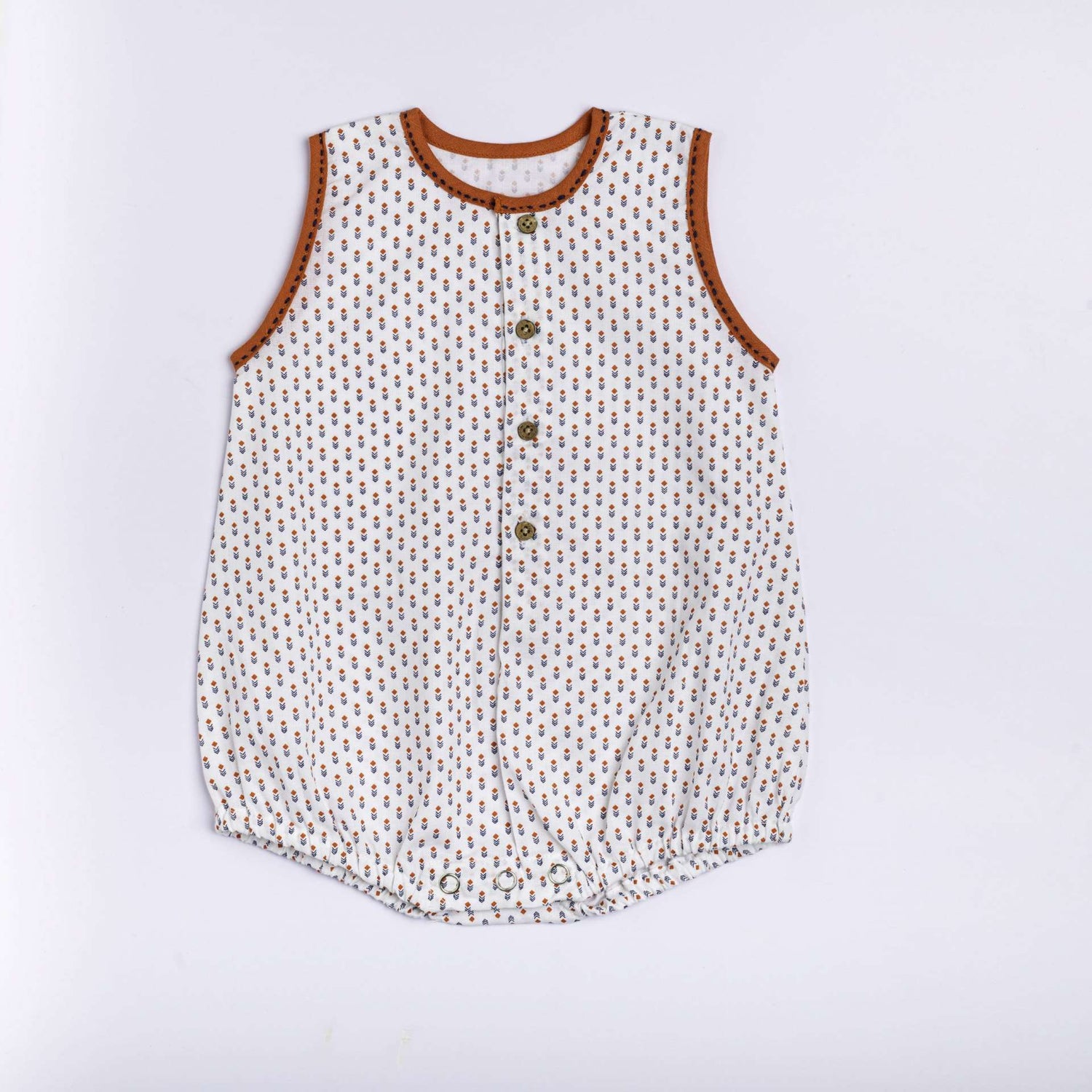 White print infant unisex onesie with orange neckline piping