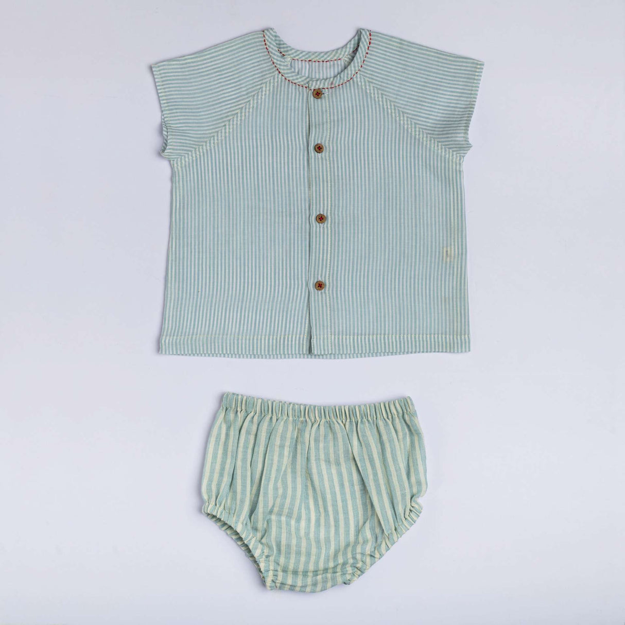 pale green stripe jabla and bloomer set for infants with red stitching and wood buttons