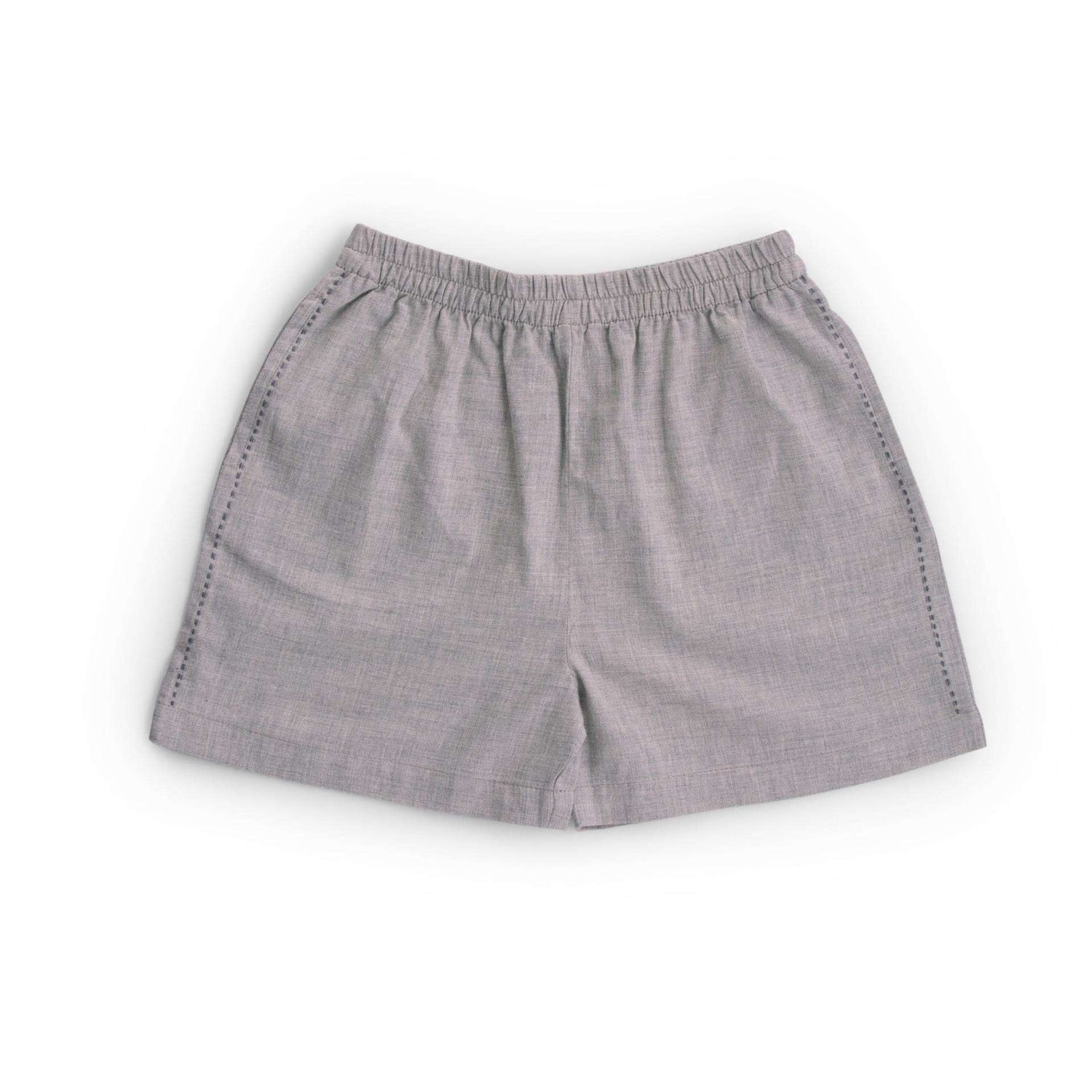 Flatlay of grey shorts with kantha stitching along side seams and elasticated waistband
