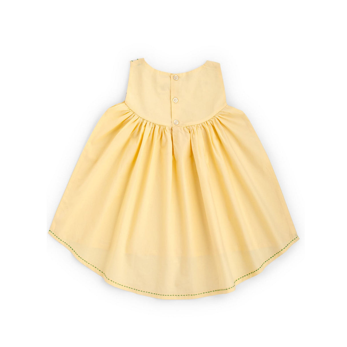 Flatlay of the rear side of yellow applique cotton dress with a hi lo hem with hand embroidered kantha edging