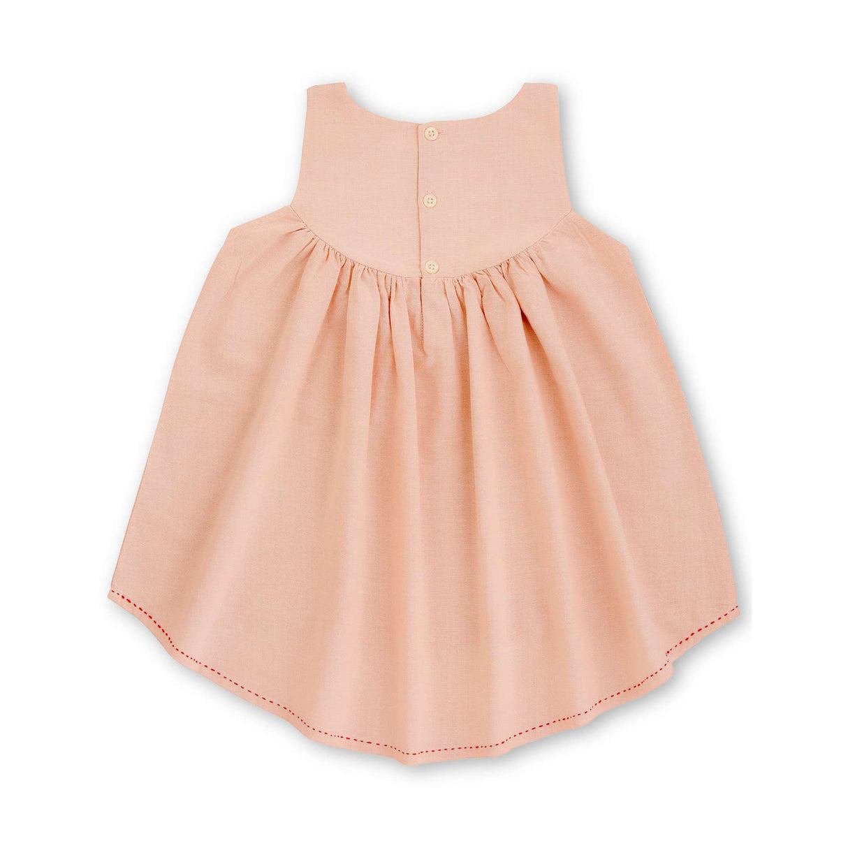 Flatlay of the rear side of peach applique cotton dress with a hi lo hem with hand embroidered kantha edging