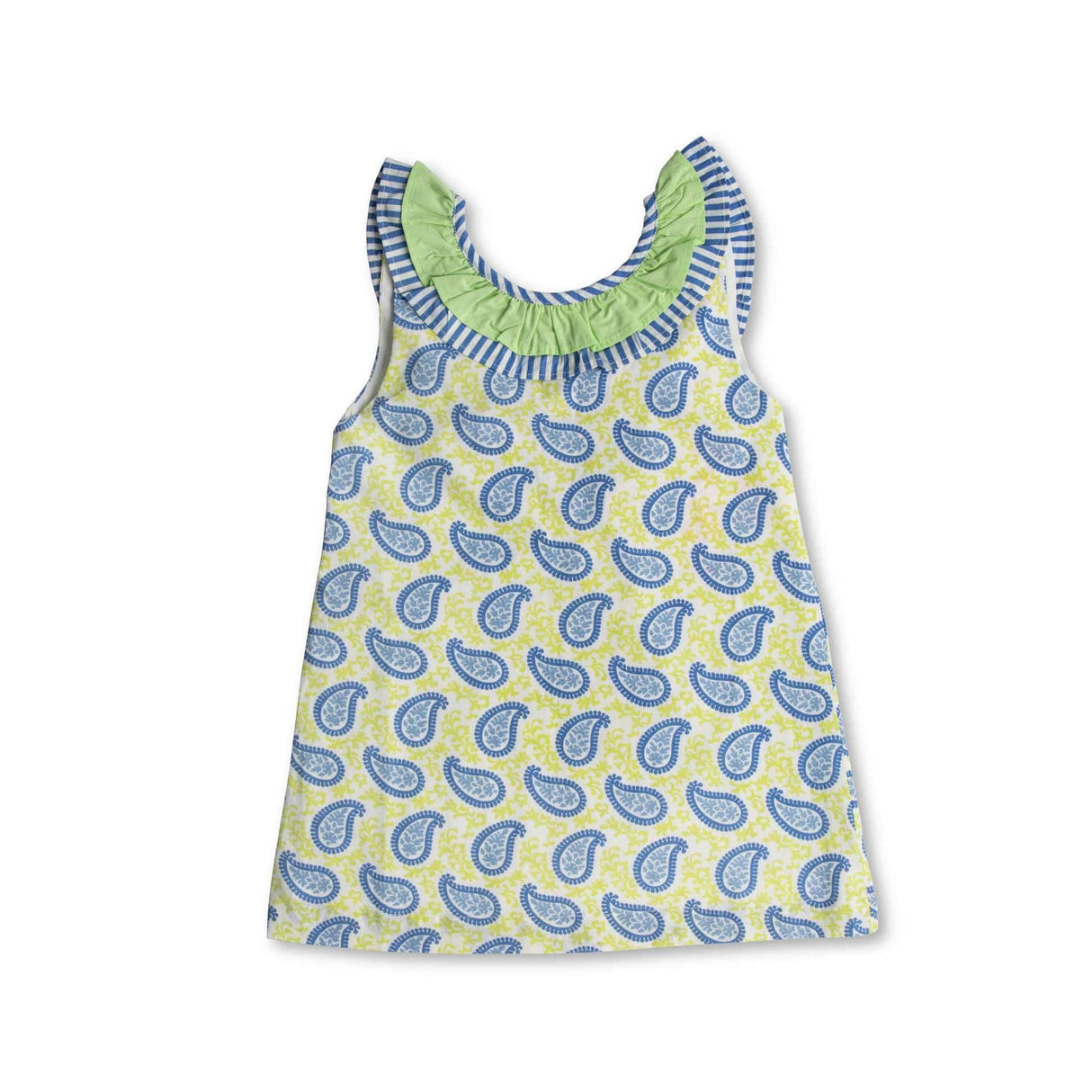 A-line sleevelss paisley print dress with double ruffle neckline