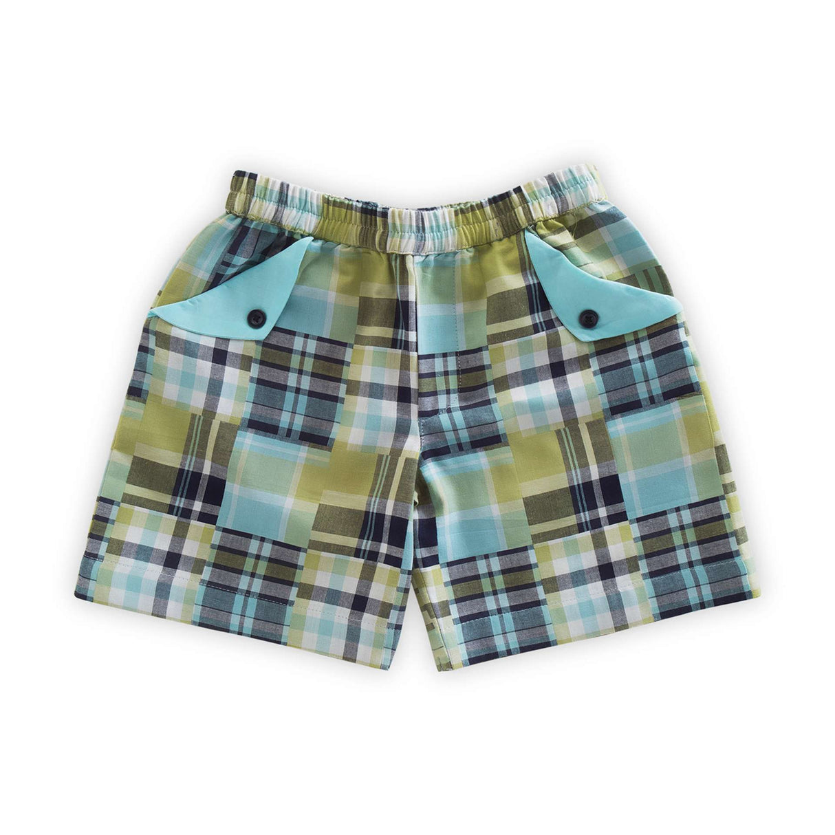 Flatlay of patchwork shorts in navy and shades of blue and green with cargo pockets