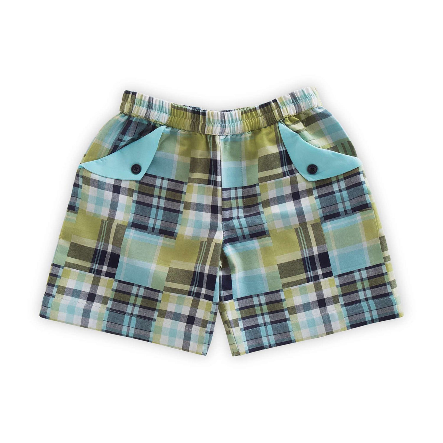 Flatlay of patchwork shorts in navy and shades of blue and green with cargo pockets