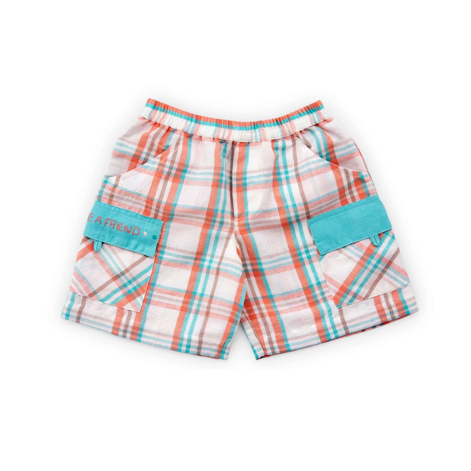 Flatlay image of pocket message cotton shorts in teal and orange checks
