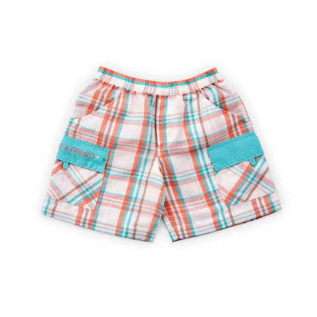 Flatlay image of pocket message cotton shorts in teal and orange checks