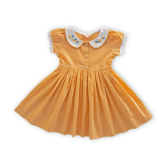 Orange cotton dress with hand embroidered white collar paired with a floral overdress