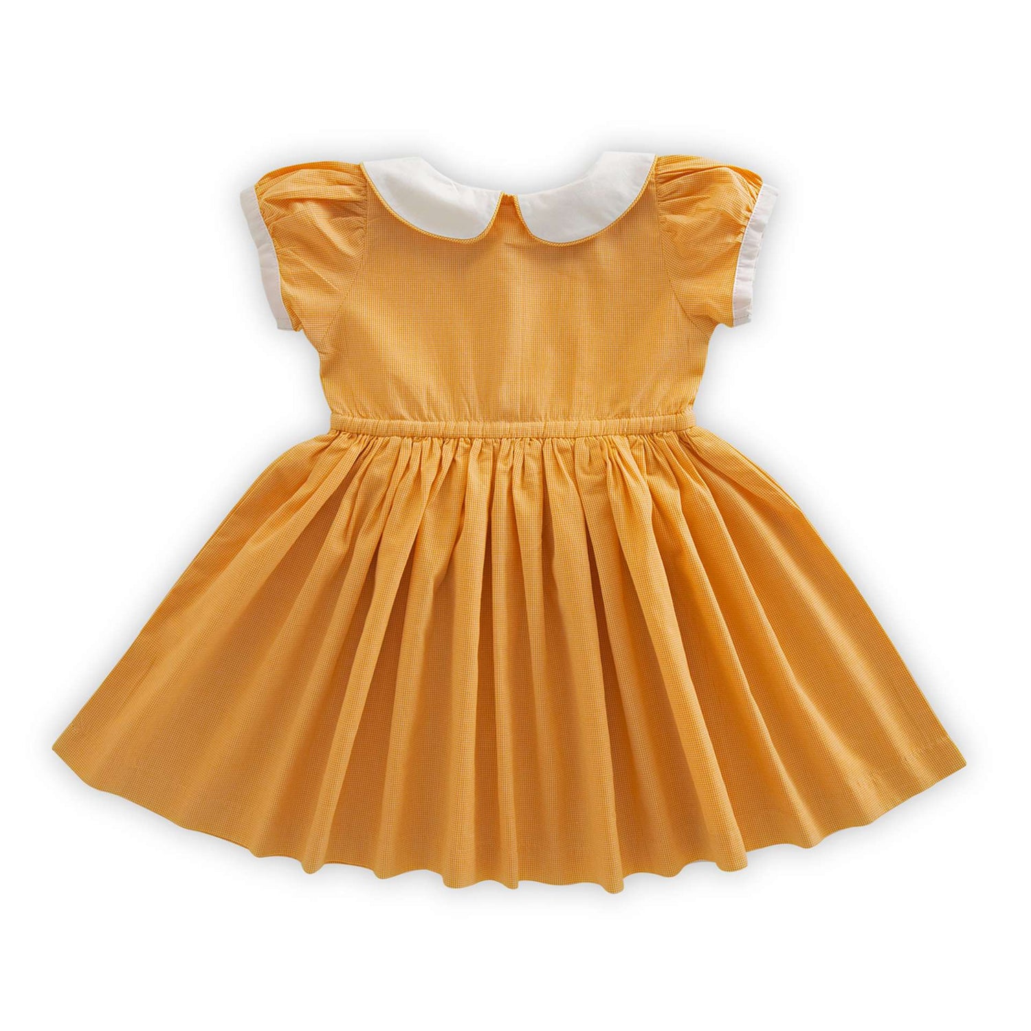 Back view of a girls dress in orange micro gingham with a white collar