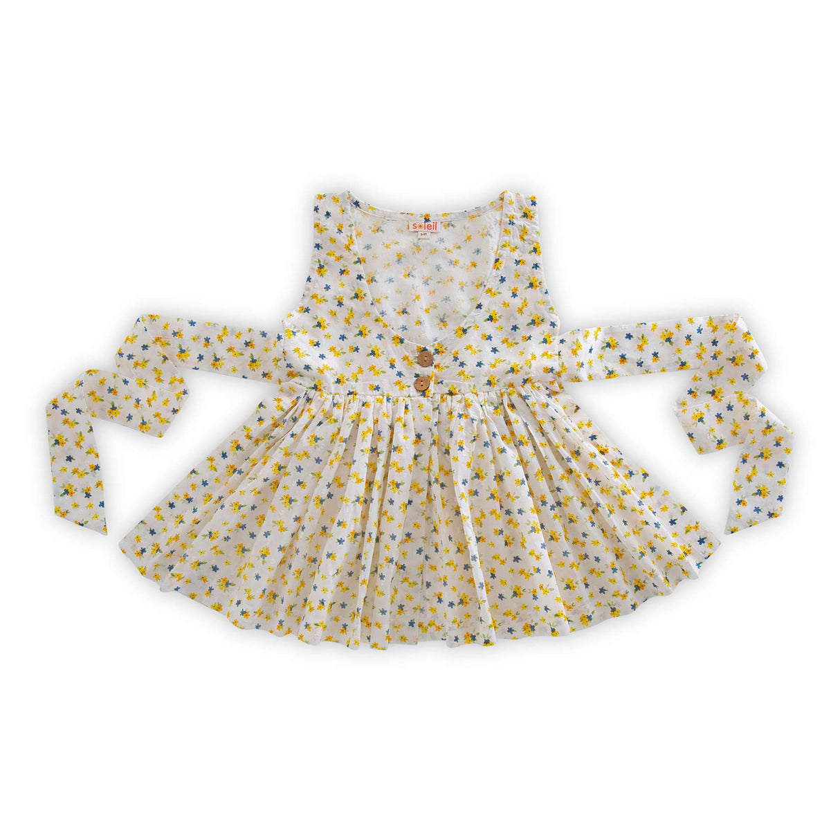 Rear image of floral print overdress with two side slits and wood buttons for front fastening and broad back ties