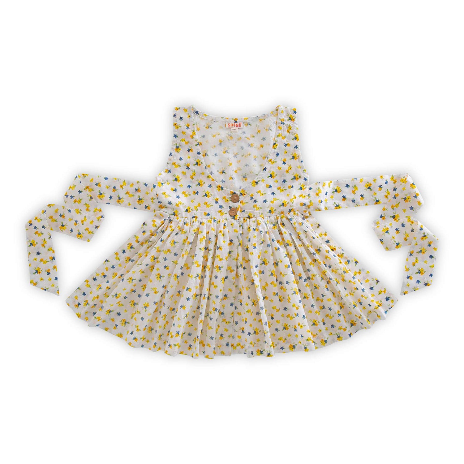 Rear image of floral print overdress with two side slits and wood buttons for front fastening and broad back ties