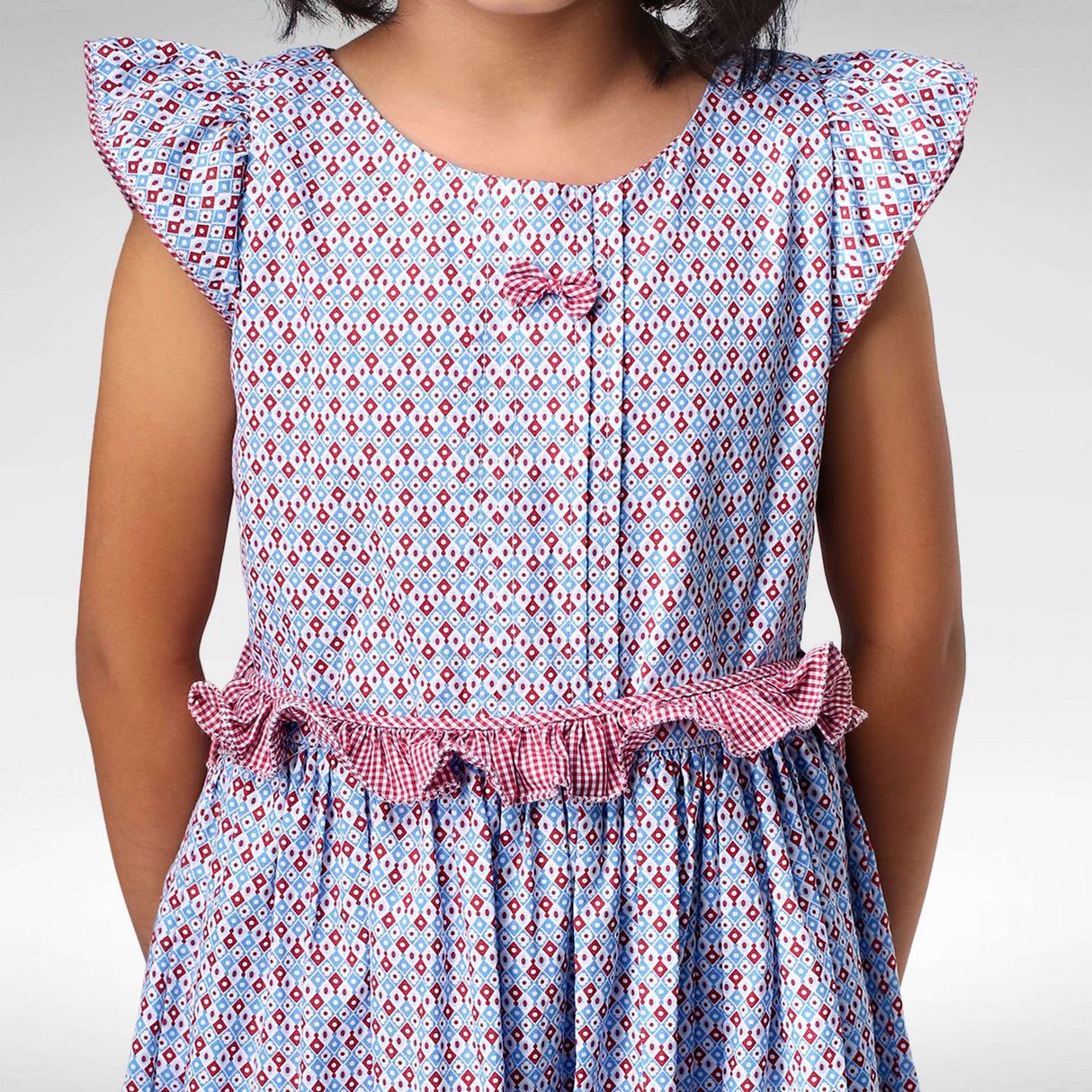 Blue print dress with red check ruffle belt
